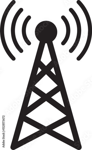 Communication tower vector icon. Black silhouette of a radio antenna broadcasting a signal. Symbol of network, wireless technology, and telecommunication, isolated on a white background