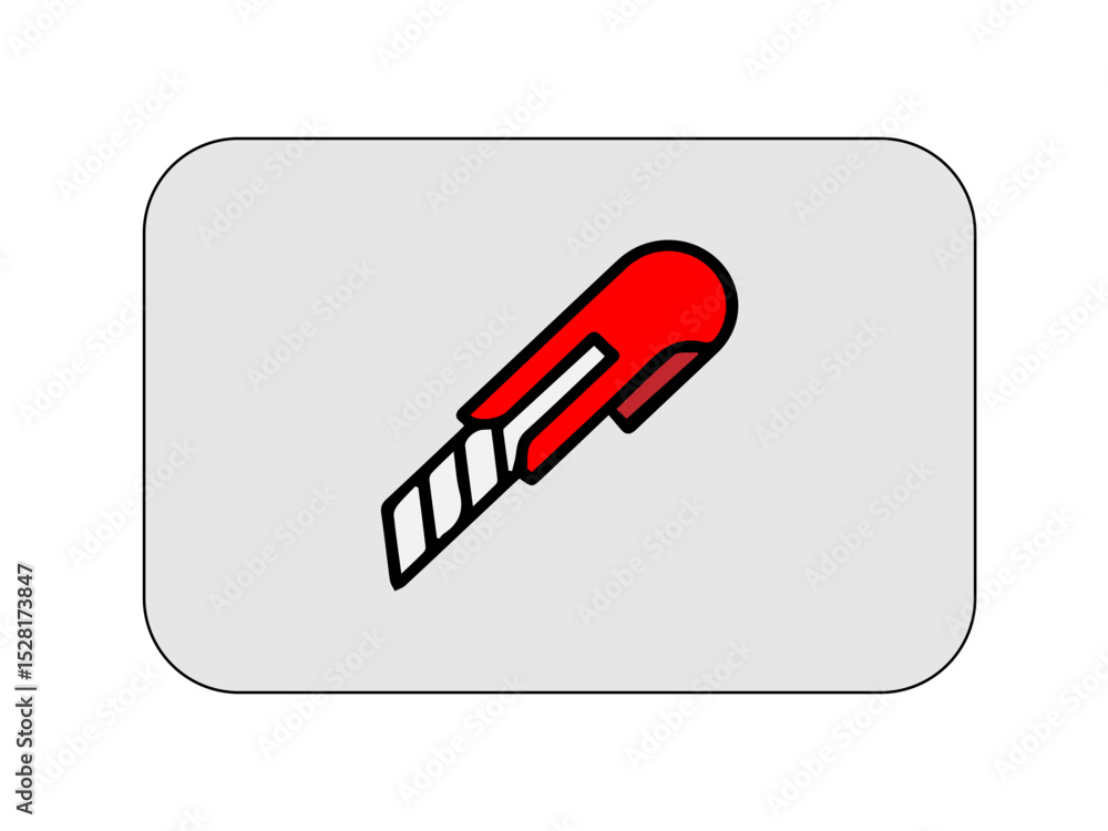 The image depicts a vector icon of a utility cutter knife or box cutter placed at the center of a light gray rounded rectangle. The image depicts a vector icon of a utility cutter knife or box cutter placed at the center of a light gray rounded rectangle.