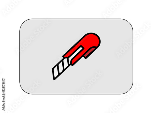 The image depicts a vector icon of a utility cutter knife or box cutter placed at the center of a light gray rounded rectangle.