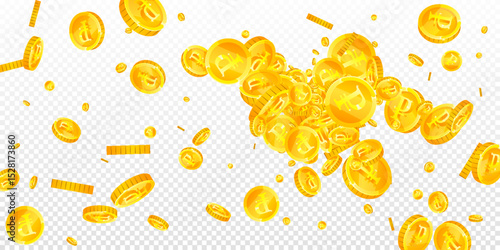 Russian ruble coins falling. Scattered gold RUB