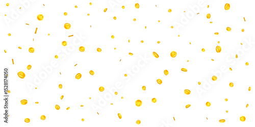 Chinese yuan coins falling. Scattered gold CNY