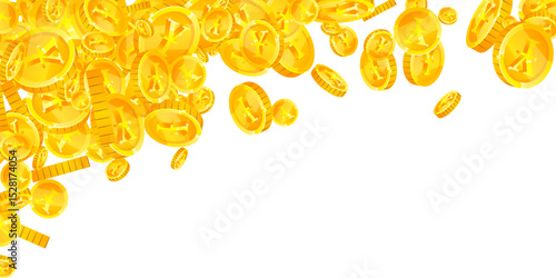 Japanese yen coins falling. Scattered gold JPY