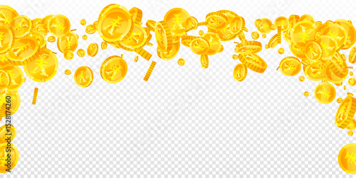 Chinese yuan coins falling. Scattered gold CNY