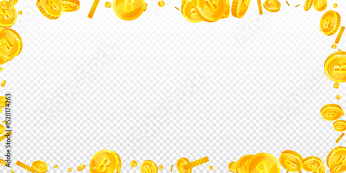 Bitcoin coins falling. Cryptocurrency scattered