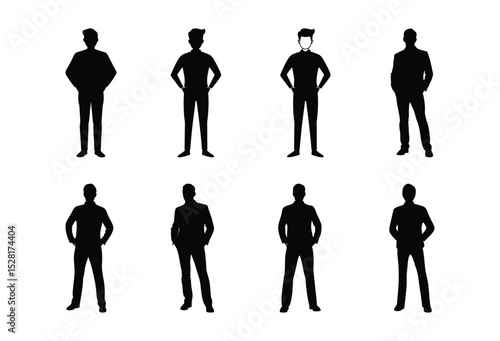 Silhouettes of eight individuals stand confidently against a white background, showcasing diverse postures of self-assurance and style.	

