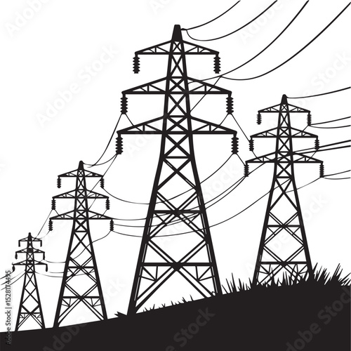 High Voltage Transmission Towers on a Hillside Black and White Silhouette Illustration of Electric Power Lines