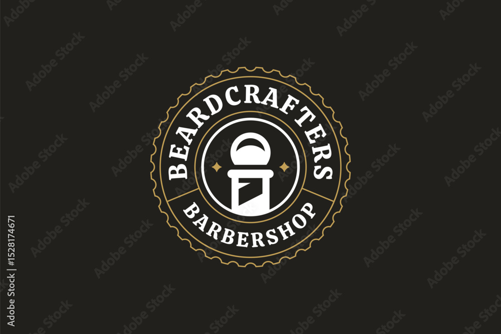 Fototapeta premium Elegant barbershop logo with a retro design, including decorative elements. Ideal for grooming services and fashion-oriented businesses. Vector illustration