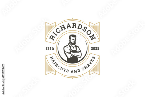 Classic barber shop emblem featuring a confident man with beard and mustache, surrounded by elegant text and vintage elements. Perfect for branding a grooming service. Vector illustration