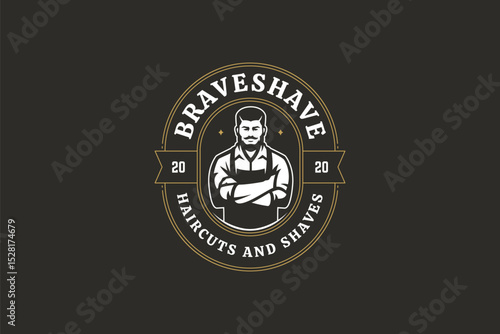Stylish retro barber logo with confident male portrait, apron, and gold accents, featuring vintage text and circular emblem design. Vector illustration