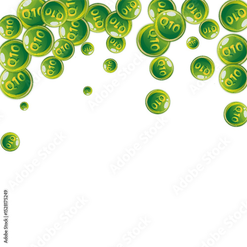 Vitamin Q10 round capsules scattered randomly.