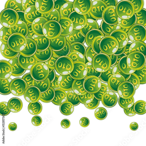 Vitamin Q10 round capsules scattered randomly.