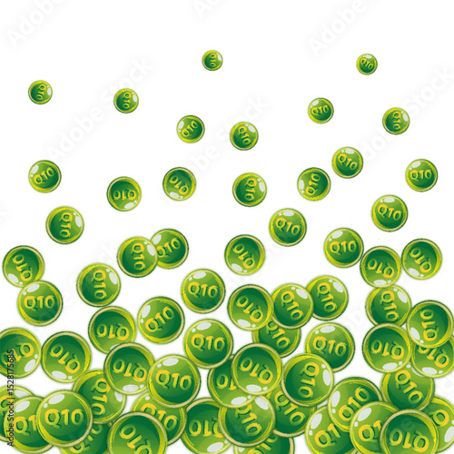 Vitamin Q10 round capsules scattered randomly.