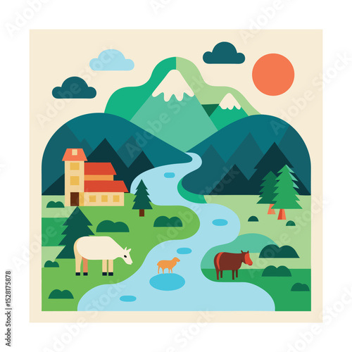 Rural scene with grazing animals and stream in flat style