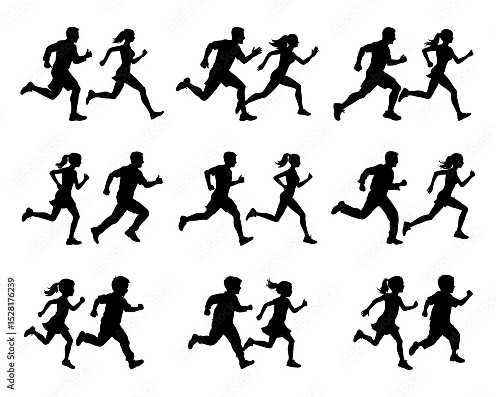 Silhouette of running men and women, child and teenager PNG in active motion pose
Silhouette of running men and women, child and teenager PNG in active motion pose