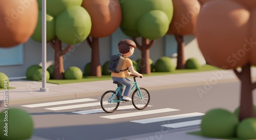 Low Poly 3D Render of Boy Riding Bicycle Across Crosswalk on Sunny Day in Suburban Setting