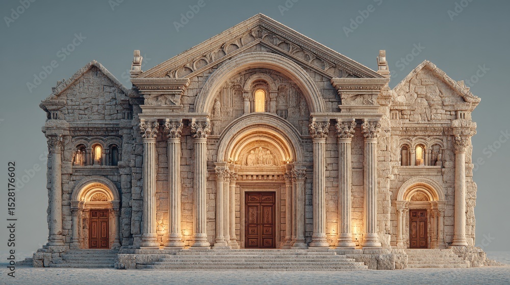 Fototapeta premium Grand stone building with pillars and arches radiates ancient elegance glow.