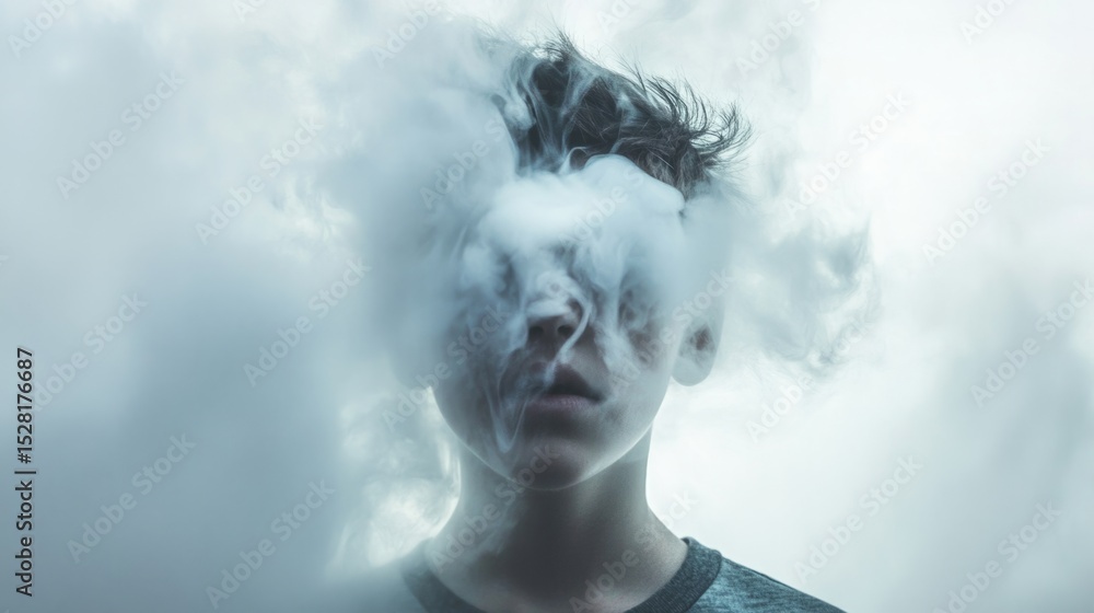 A child's head dissolving into a white mist. Concept: lost in thought, confusion, blurred identity. generative ai A child's head dissolving into a white mist. Concept: lost in thought, confusion, blurred identity. generative ai