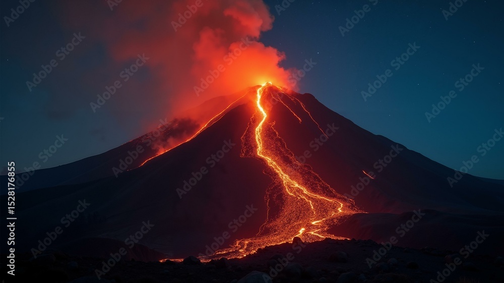 Fototapeta premium Volcanic eruption scene – fiery lava flows amidst billowing dark smoke. Intense contrast & sharp detail create a dramatic, impactful image.\n\n, ultra detailed, 8k resolution, HDR, professional