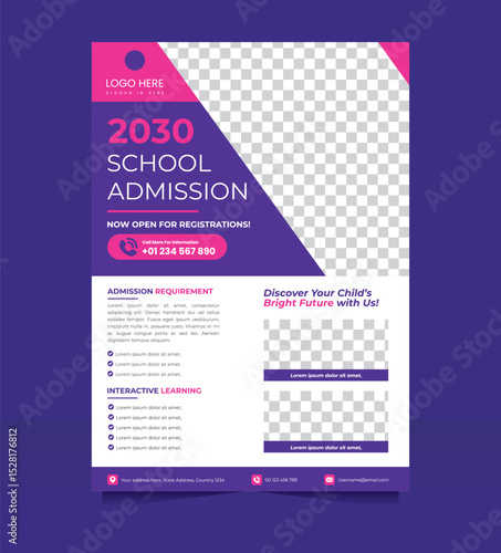 Diagonal School Admission Flyer Bold Pink and Purple, Bold diagonal layout for school admission flyer with pink-purple color palette.