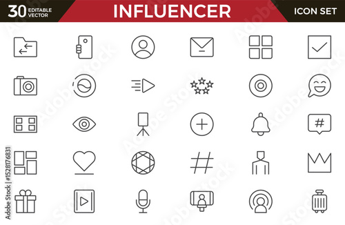 Influencer line icons set. Marketing, Ambassador, Feedback, Rating, Trust, Influence, People, Megaphone, Influencer, video, likes, social media outline icon collection. UI thin icons pack.
