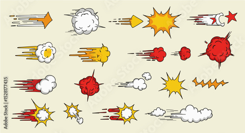 Vibrant Comic Book Explosion Effects Set Graphic Design Elements for Animation or Game Design
