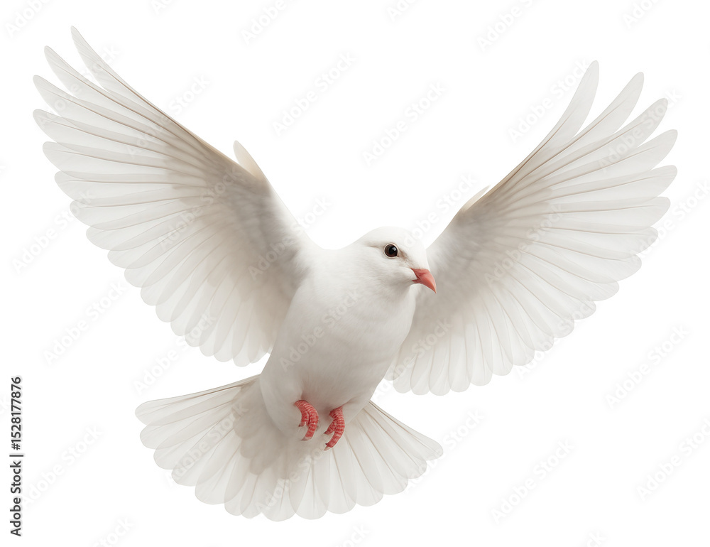 Fototapeta premium White dove with outstretched wings mid-flight on transparent background.