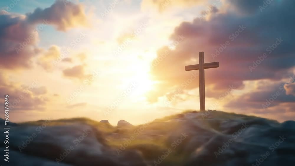 A wooden cross stands on a rocky hilltop, silhouetted against a dramatic sunset sky with glowing clouds. A wooden cross stands on a rocky hilltop, silhouetted against a dramatic sunset sky with glowing clouds.