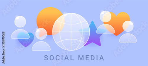 Social media glass morphism concept on blue background. Online communication vector illustration
