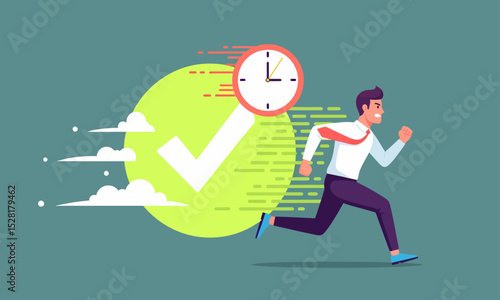 Fast and Timely Completion. Man running fast with clock and checkmark: symbolizing fast and timely completion.