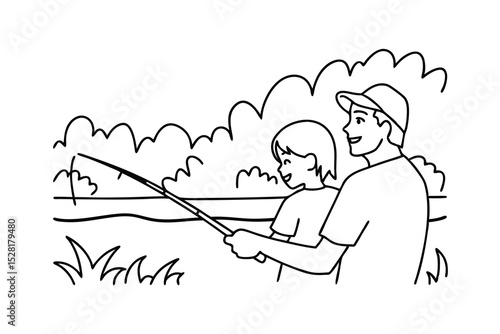 Father and child bonding happily fishing together at a lakeside in black and white