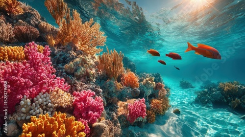 Fototapeta Naklejka Na Ścianę i Meble -  Colorful coral reef teems with marine life in a vibrant undersea ecosystem.