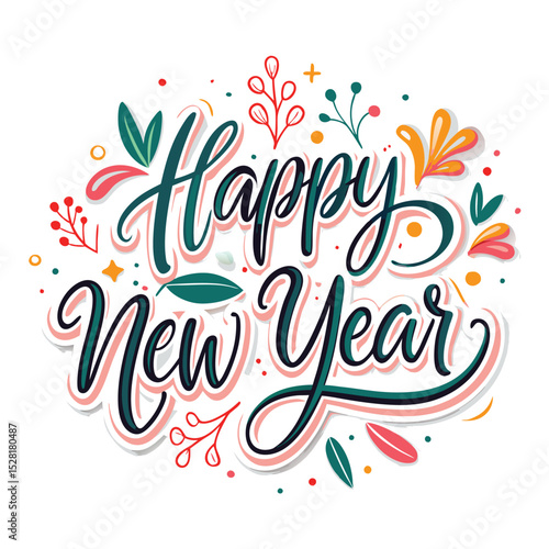 Happy New Year greeting card with decorative floral elements