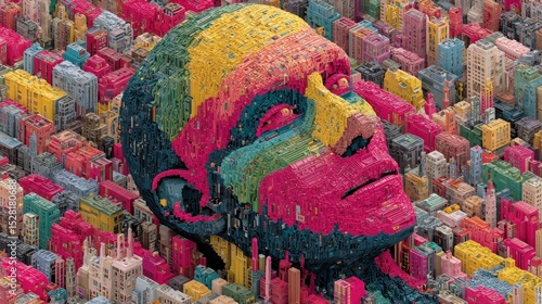 Fototapeta Naklejka Na Ścianę i Meble -  A colorful voxel head emerges from a city landscape in a digital art piece.