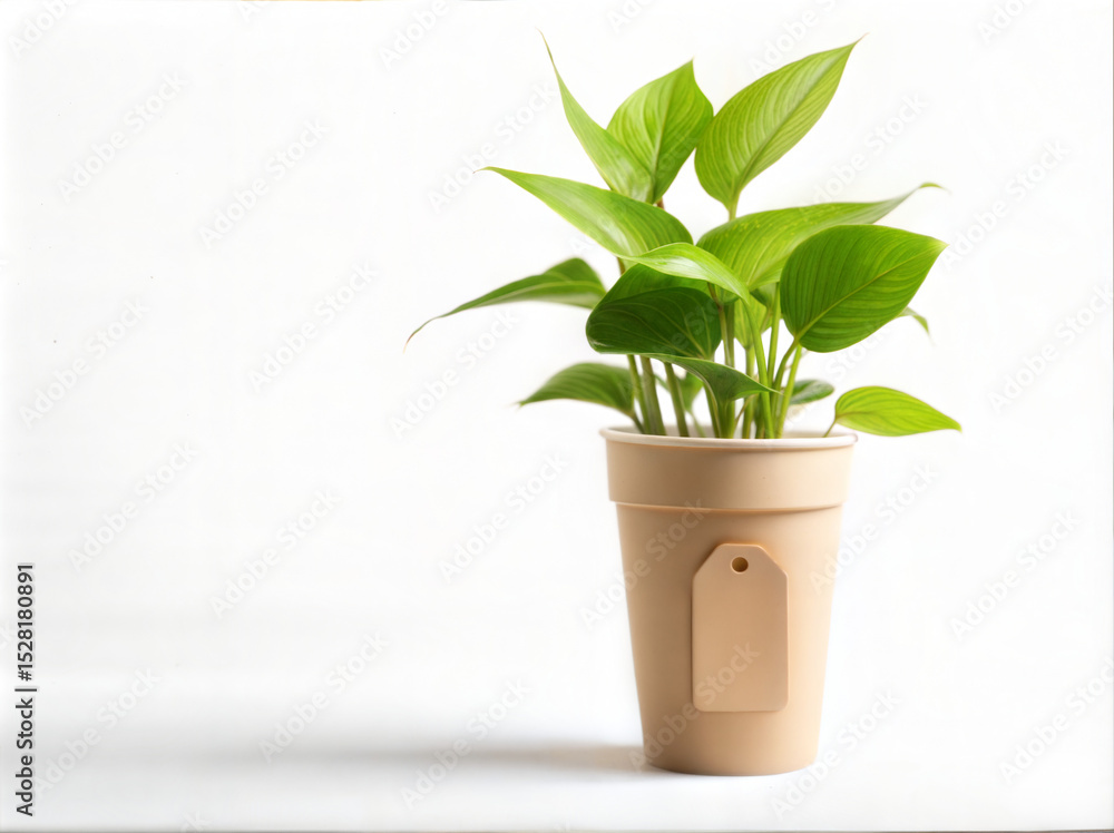 Fototapeta premium Potted green plant with tag isolated on white background