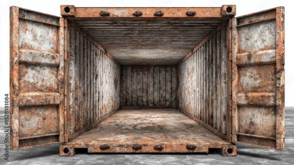 An open shipping container shows significant rust and wear on every surface An open shipping container shows significant rust and wear on every surface