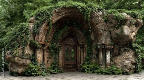 An antique stone archway covered in lush vegetation stands in the forest.