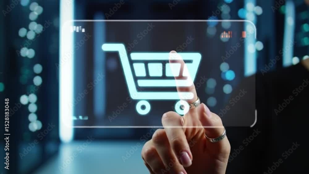 Womans finger pointing at a shopping cart icon on a screen. Perfect for ecommerce, online shopping, web design, technology concepts. Womans finger pointing at a shopping cart icon on a screen. Perfect for ecommerce, online shopping, web design, technology concepts.