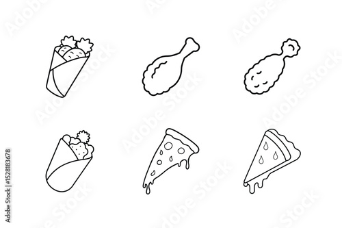 Food line art vector set featuring crispy chicken caesar wrap pizza and snacks Line Art Vector illustration