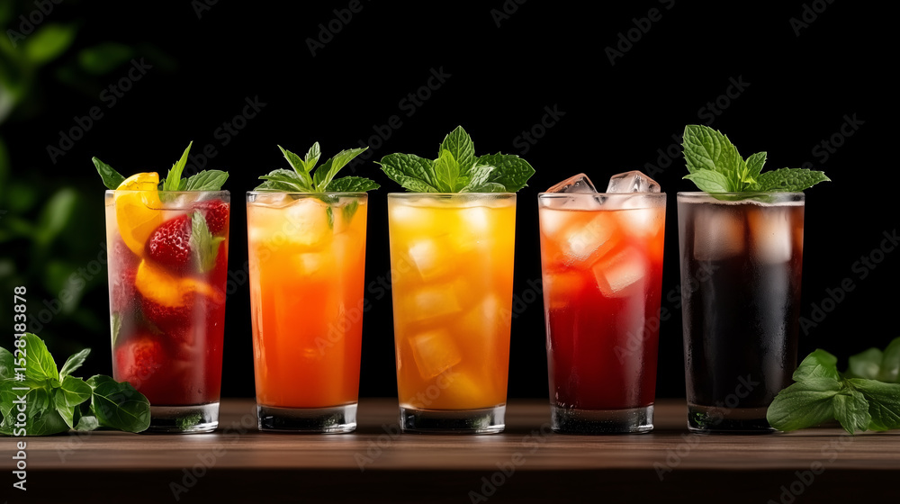 Fototapeta premium three clear glass filled with vibrant red and yellow cocktails garnished with mind, ice cubes and orange again dark black background 