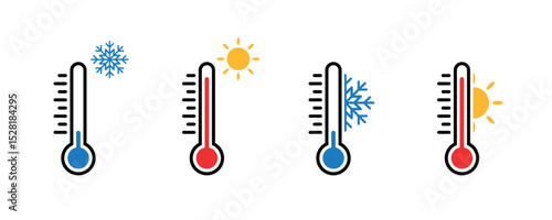 Thermometer with blue and red scale. Climate control and weather change icon. Flat two-color vector illustration. Collection of thermometer icons isolated on white background.