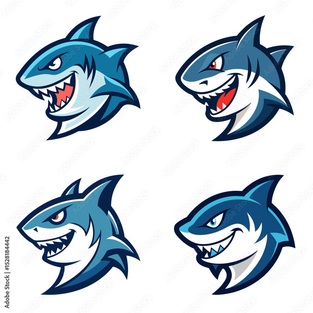 Four cartoon shark heads with different expressions in blue and white color scheme on a white background Four cartoon shark heads with different expressions in blue and white color scheme on a white background