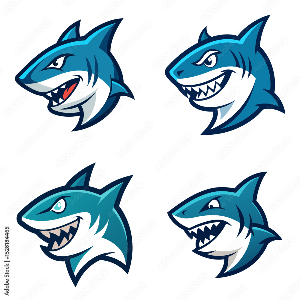 Four cartoon shark heads with different expressions and shades of blue on a white background display Four cartoon shark heads with different expressions and shades of blue on a white background display