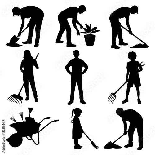 Silhouettes of people gardening and yard work tools