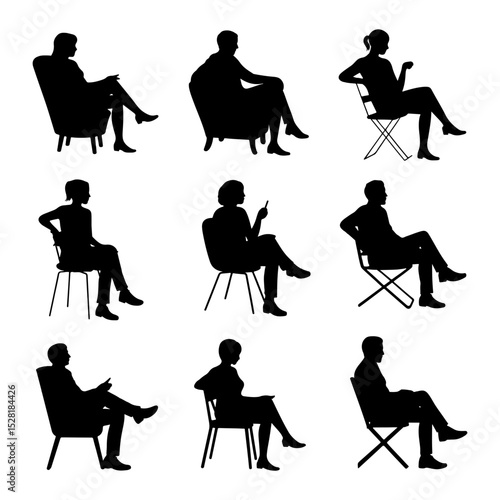 Silhouettes of people sitting in various chairs