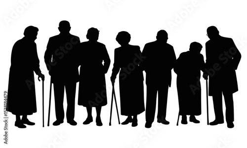 Silhouette of a group of elderly people with canes