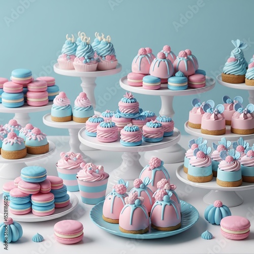 Lots of popular delicious dessert sweets displayed on the table, blue and pink colors for gender party, birthday, sweet table, catering candy bar beautifully decorated area with various sweets that gu