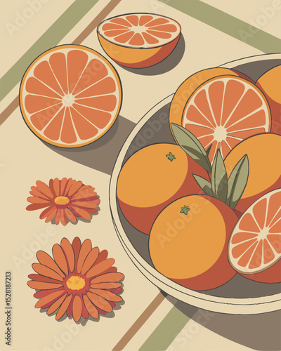 Orange fruits and flowers on a plate. Vector illustration in retro style.