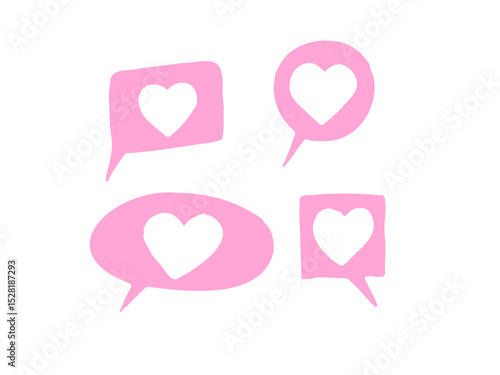 Set of Pink Speech Bubbles with Heart Cut Outs, Valentine's Day Love Message Clouds, Cute Flat Vector Illustration for Social Media, Greeting Cards, and Decor.