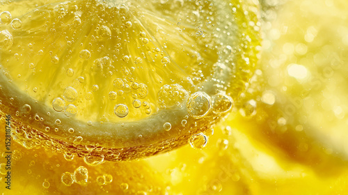 炭酸の泡に包まれたレモンスライスのクローズアップ。フレッシュで爽やかな印象を伝えるビジュアル。
飲料や食品、季節感あるプロモーションに適した素材。