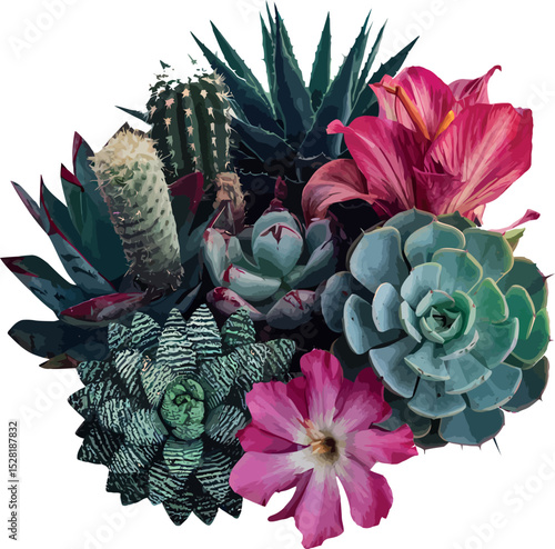 Artistic arrangement of diverse succulents and blooming flowers on a white background.